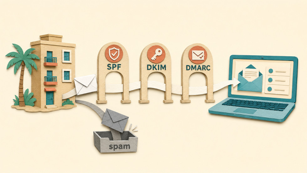 Diagrama del recorrido de un correo de reserva hasta el buzón del cliente con tres controles de aute